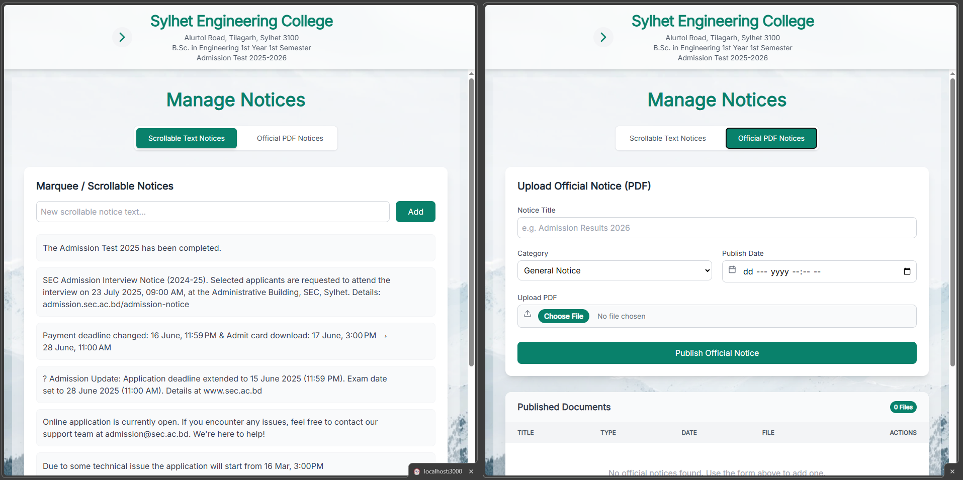 Admin notice management system supporting PDF document uploads and scheduled publishing with automated visibility timers.