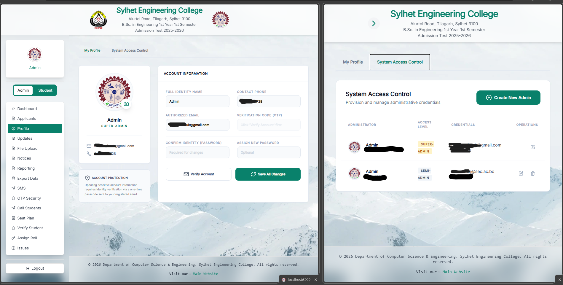 Advanced administrative profile management with Role-Based Access Control (RBAC) supporting semi-admin and super-admin roles, secured with mandatory 2FA email verification.
