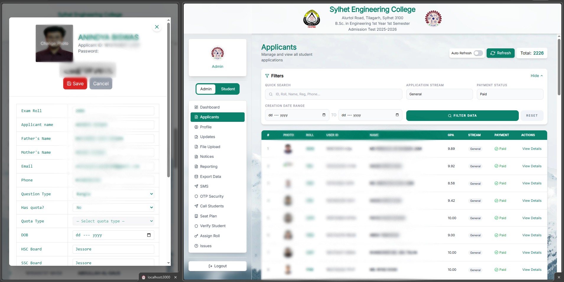 Complete applicant registry with advanced filtering, pagination, and tools for updating student application records.