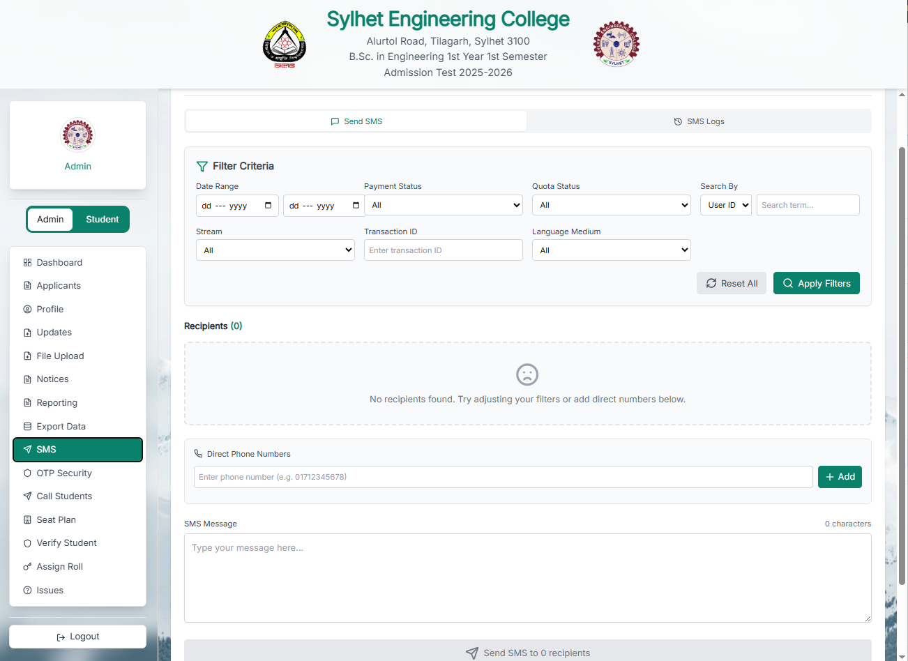 SMS management console to send communications to individual numbers or filtered groups of students.