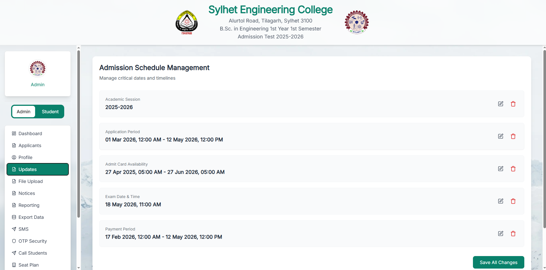 Dynamic date management system to control the timeline for applications, payments, and admit card availability.