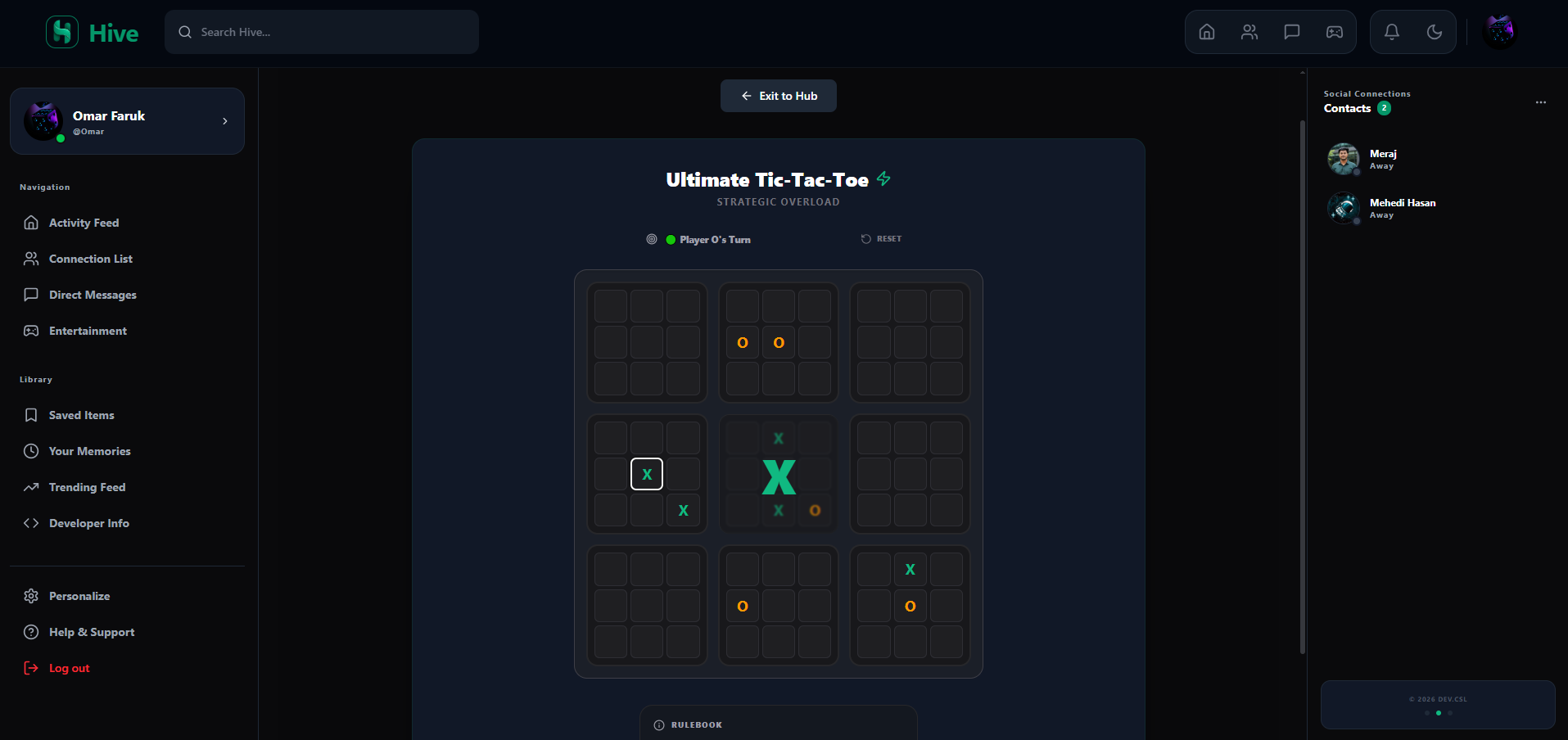 Strategic 9x9 Ultimate Tic-Tac-Toe game integrated directly into the social ecosystem.