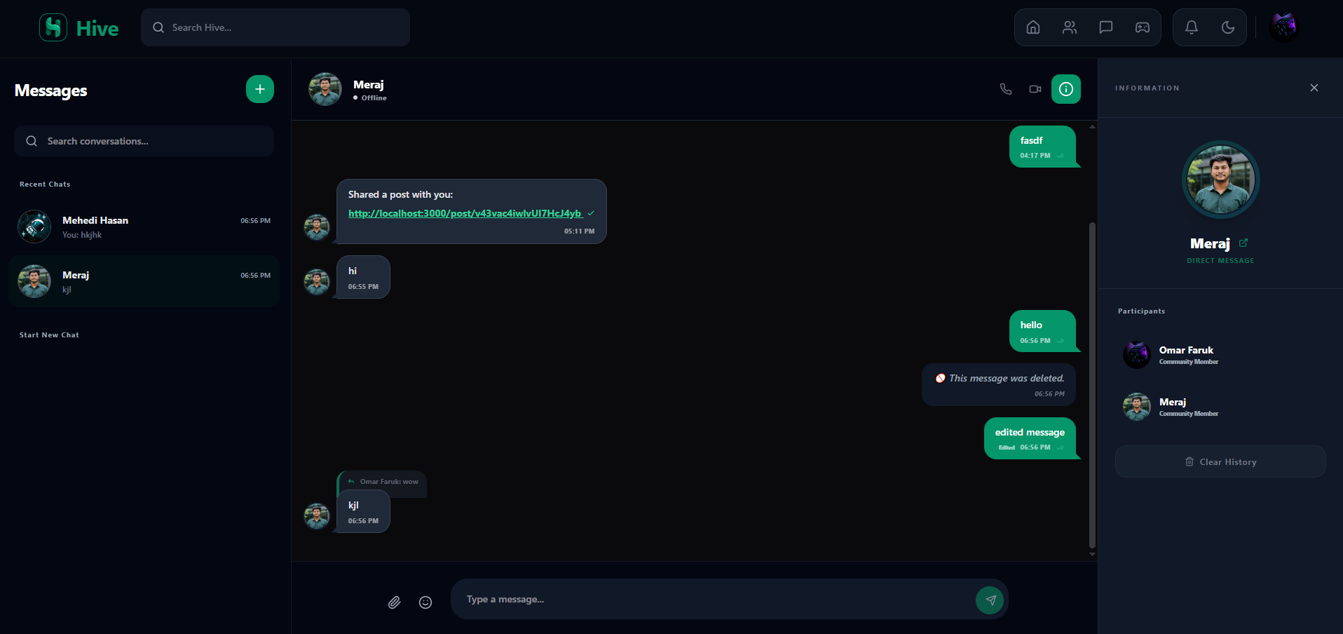 Real-time messaging system with support for group chats, individual replies, message editing, and full conversation control.
