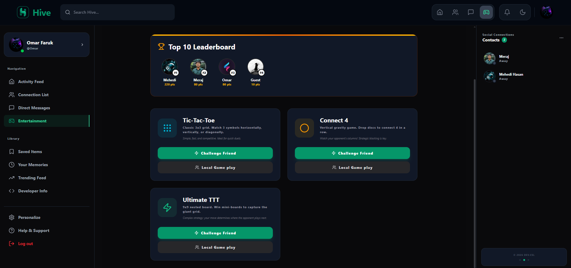 Integrated gaming platform allowing users to play live matches with friends, track global rankings, and share victories to their feed.