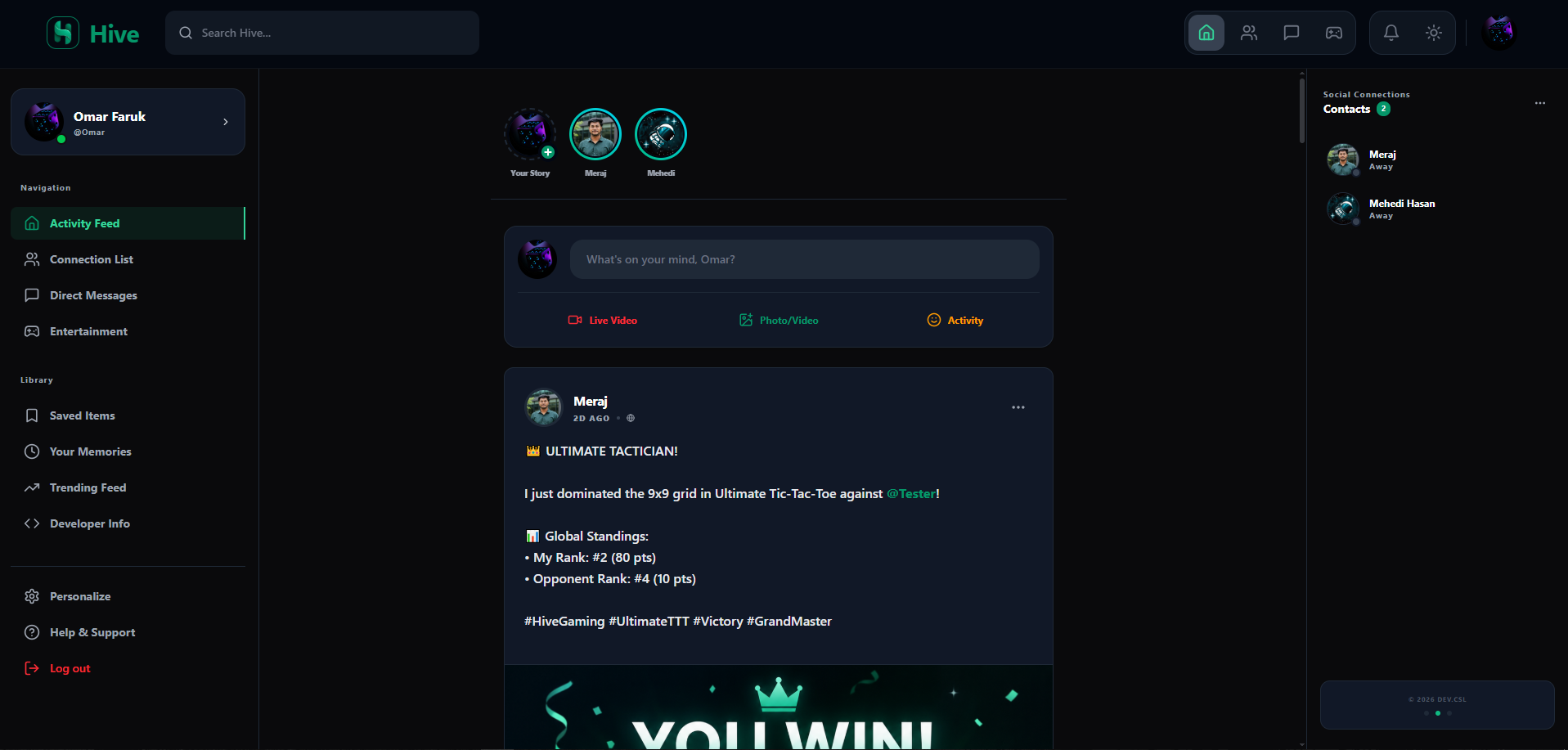 The main feed interface featuring real-time post updates, social interactions, and a layout optimized for high engagement.