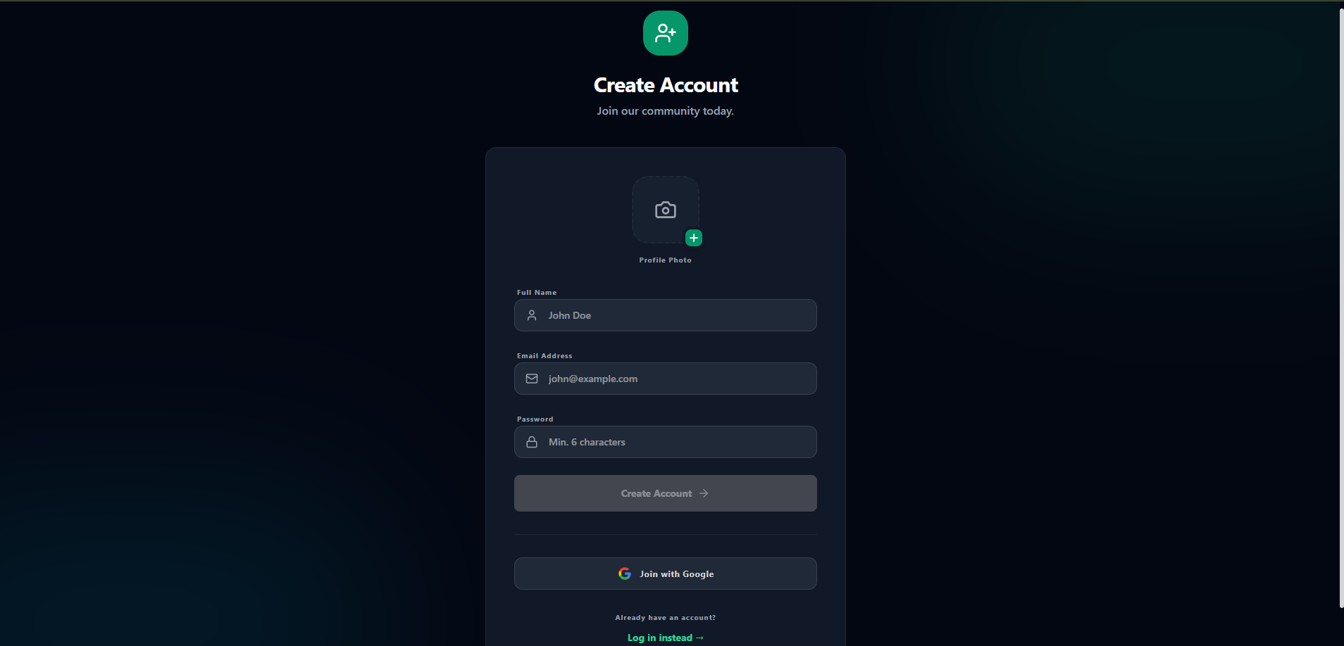 Modern onboarding flow supporting traditional email signup and one-click Google authentication.