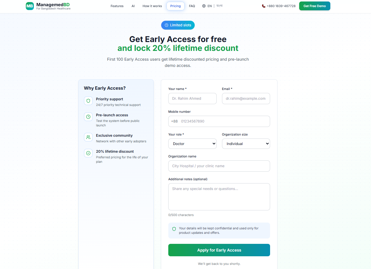 Lead generation and early access booking system for clinics interested in the platform.