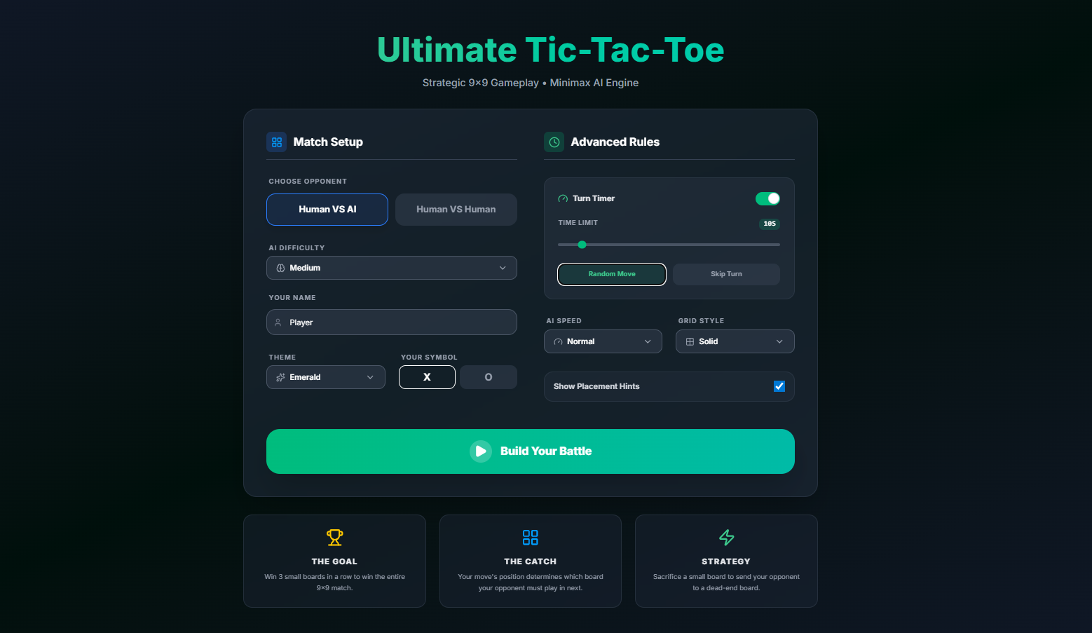 Configuration page for selecting game modes (AI vs Friend) and difficulty levels.