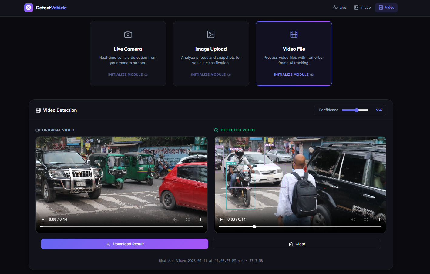 Advanced video processing pipeline that automatically tags detected vehicles and provides a downloadable processed version.